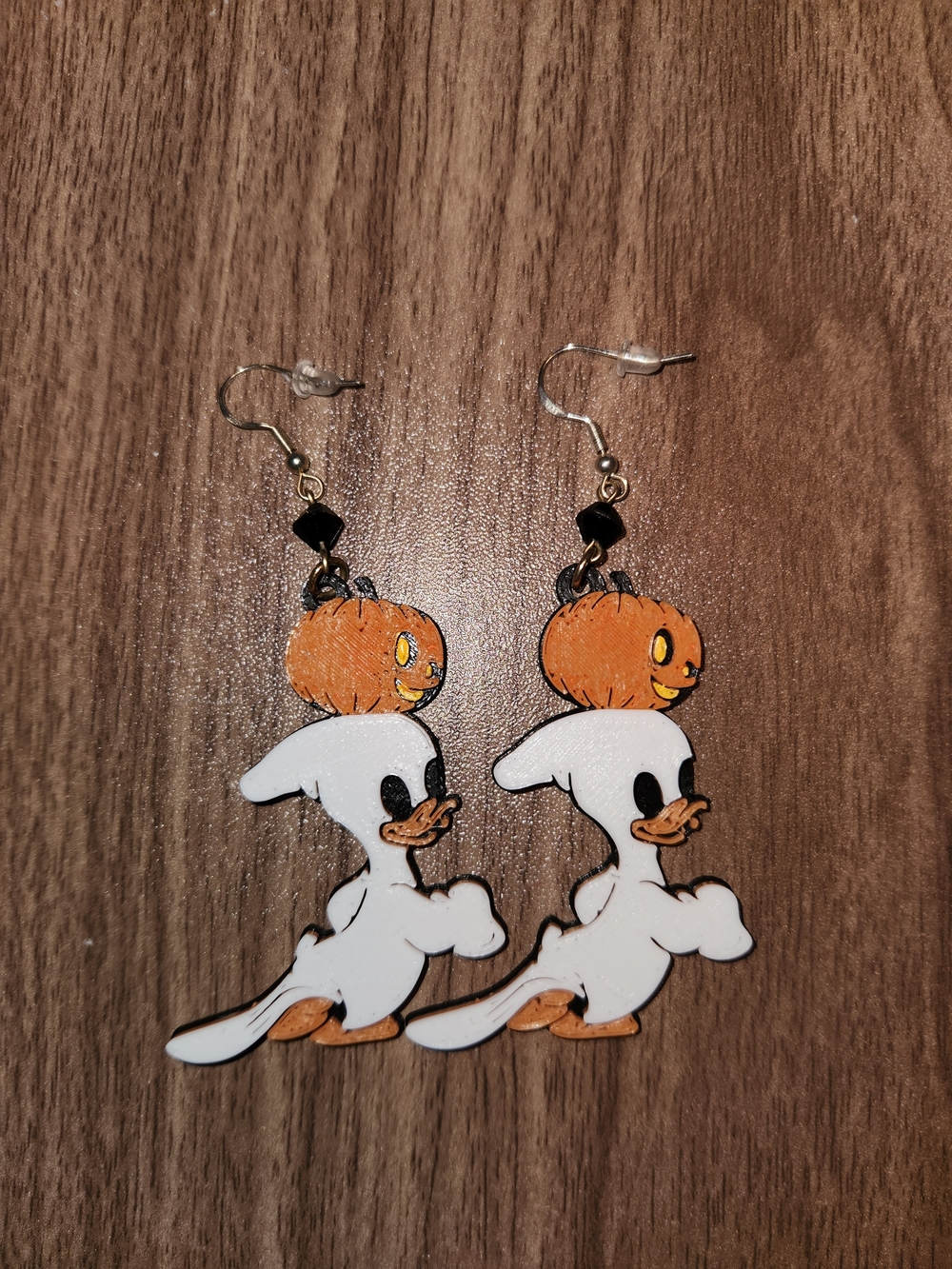 Trick Or Trear Disney Ghost Duck Pumpkin Dangle Earrings White & Orange 3d Print